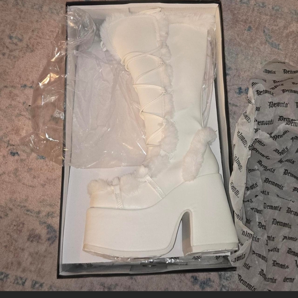 Demonia White Faux Fur Platform Knee Boots with Lace-Up Front
